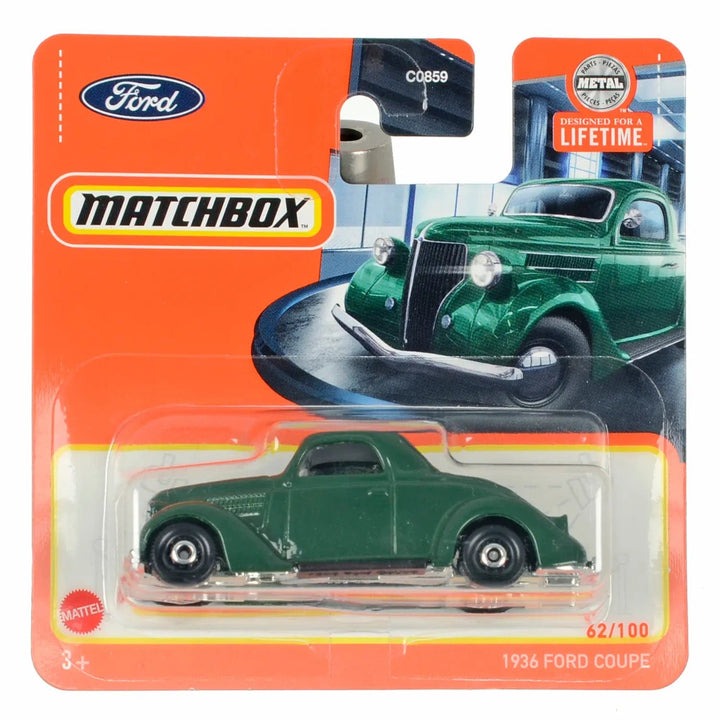 Green 1936 Ford Coupe die-cast car in Matchbox packing