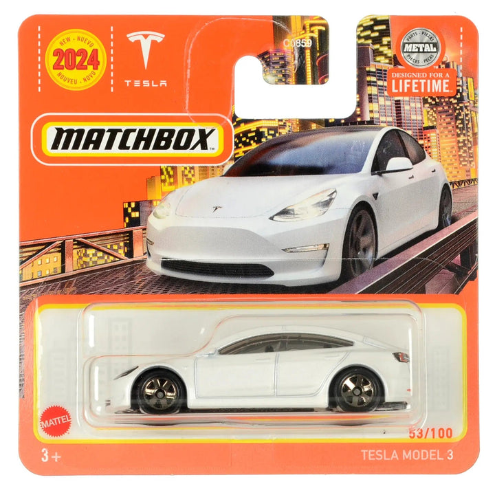 White Tesla Model 3 die-cast car in Matchbox packing