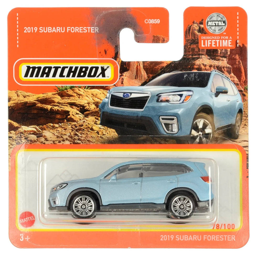 Blue 2019 Subaru Forester die-cast car in Matchbox packing