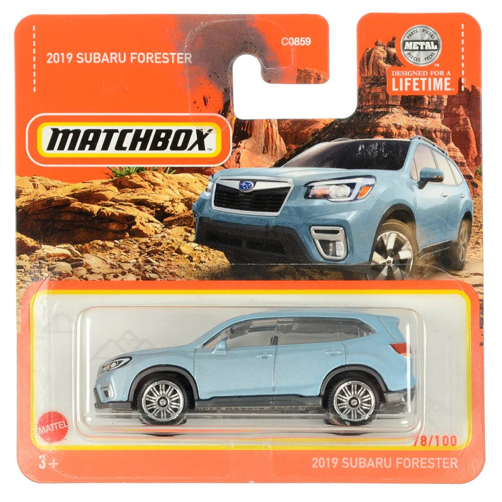 Blue 2019 Subaru Forester die-cast car in Matchbox packing