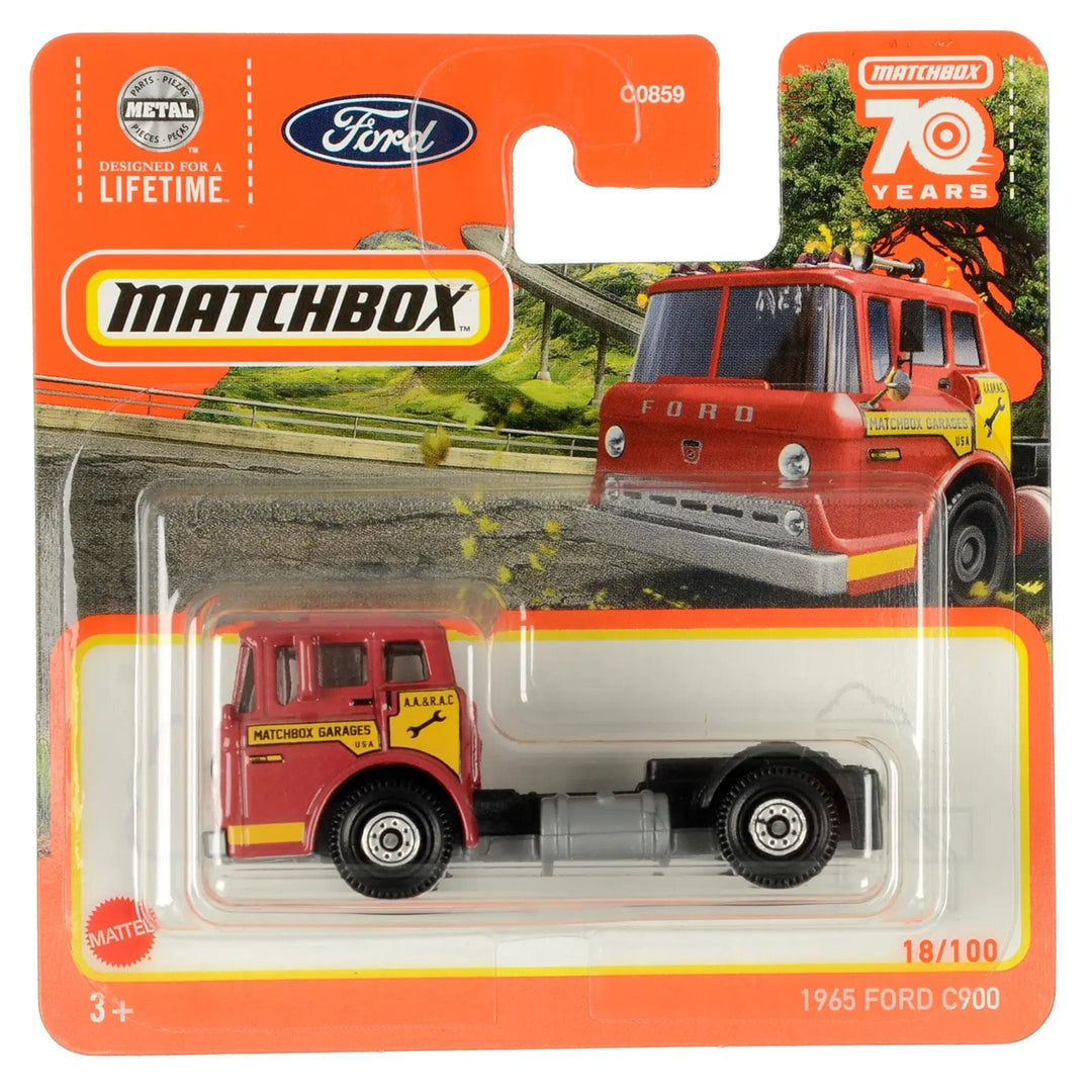 Red 1965 Ford C900  die-cast truck in Matchbox packing