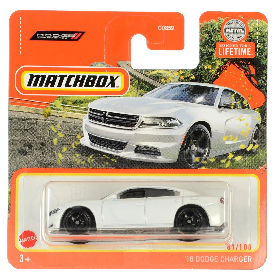 White 2018 Dodge Charger die-cast car in Matchbox packing