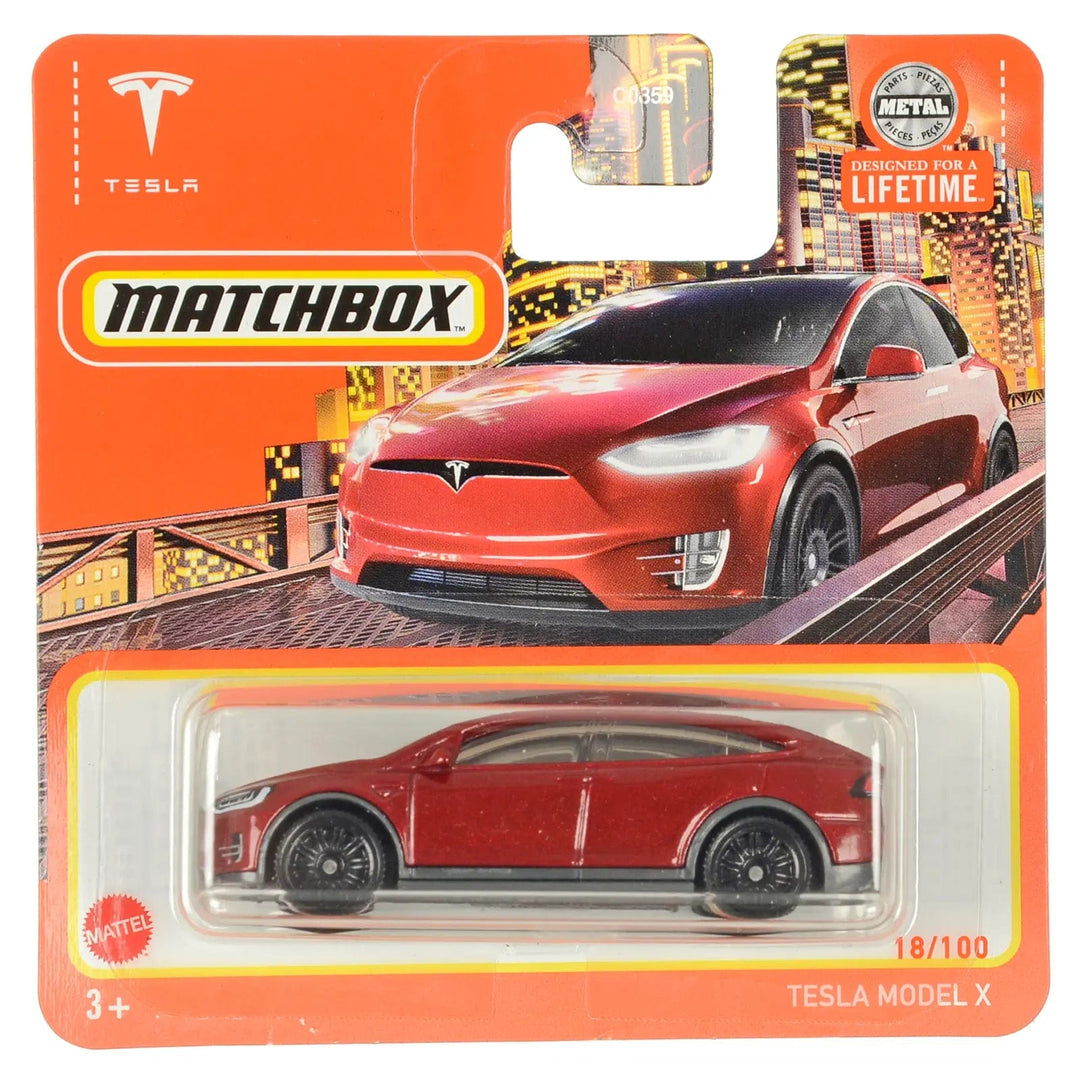 Red Tesla Model X die-cast car in Matchbox packing