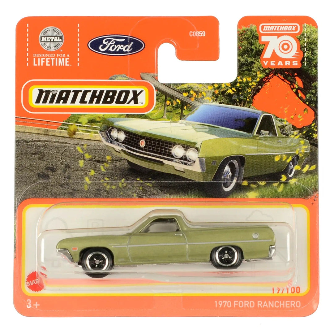 Green 1970 Ford Ranchero pick up die-cast car in Matchbox packing