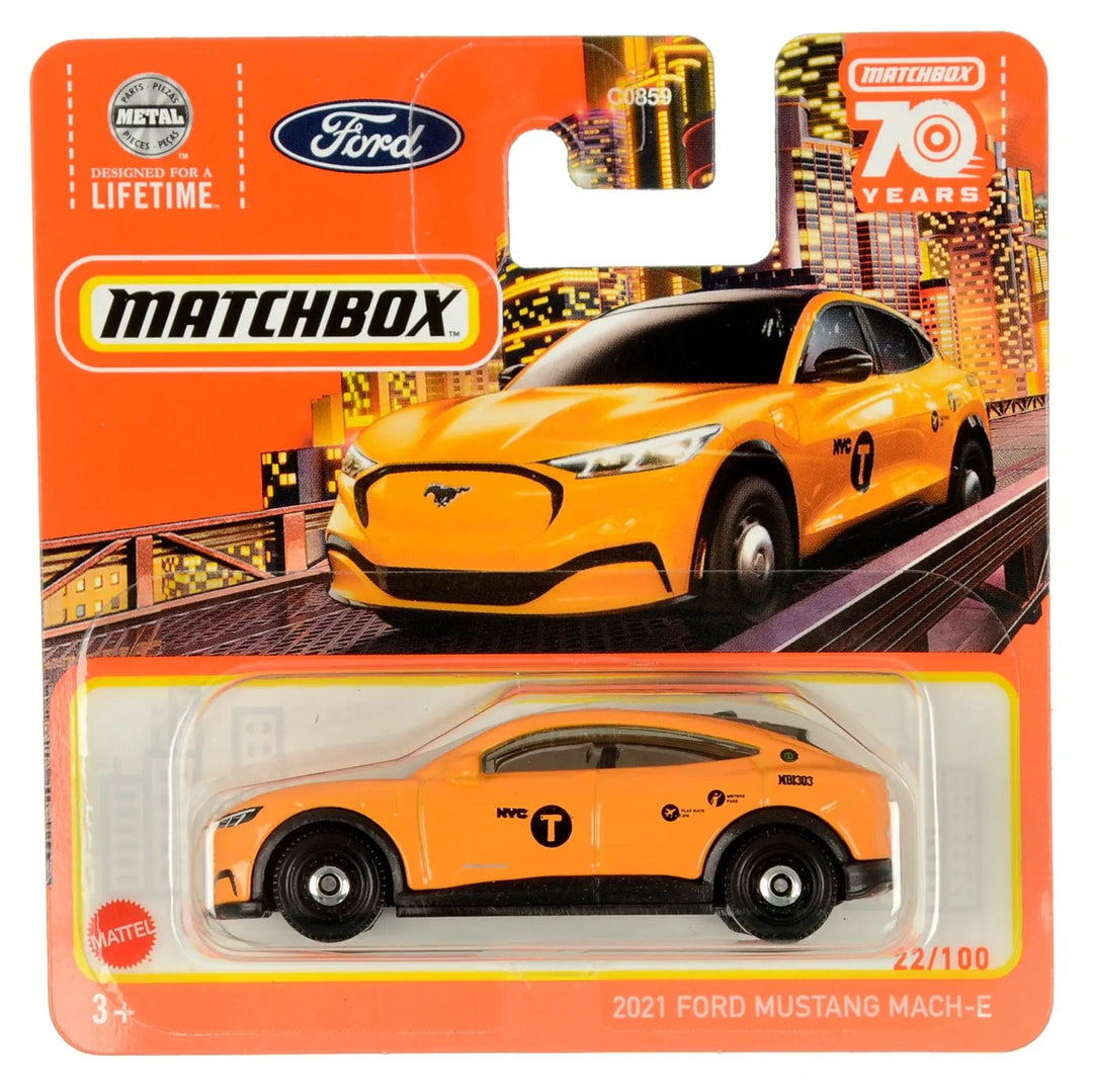 Orange 2021 Ford Mustang Mach-E die-cast car in Matchbox packing