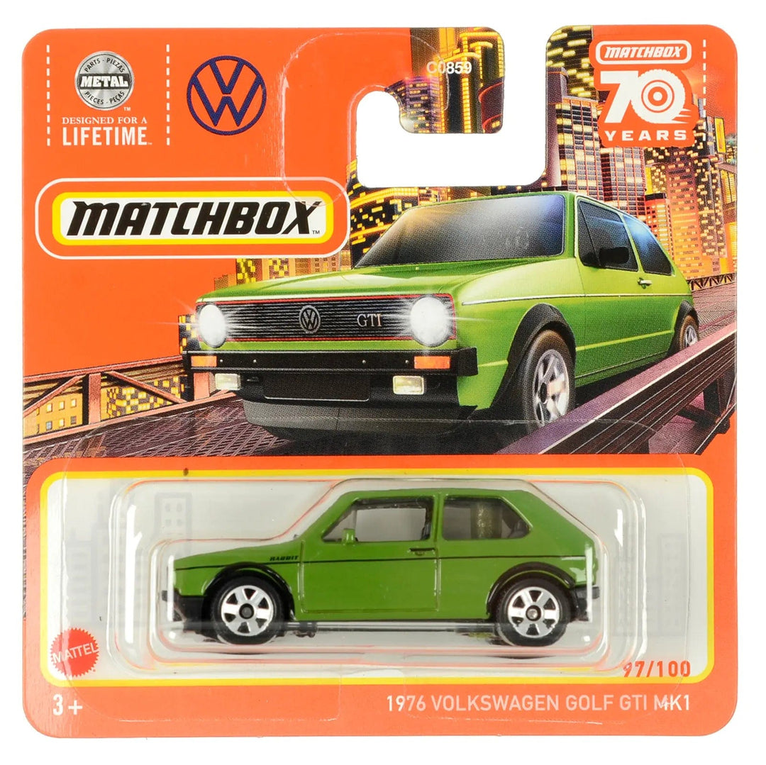 1976 Volkswagen Golf GTi MK1 green die-cast car in Matchbox packing