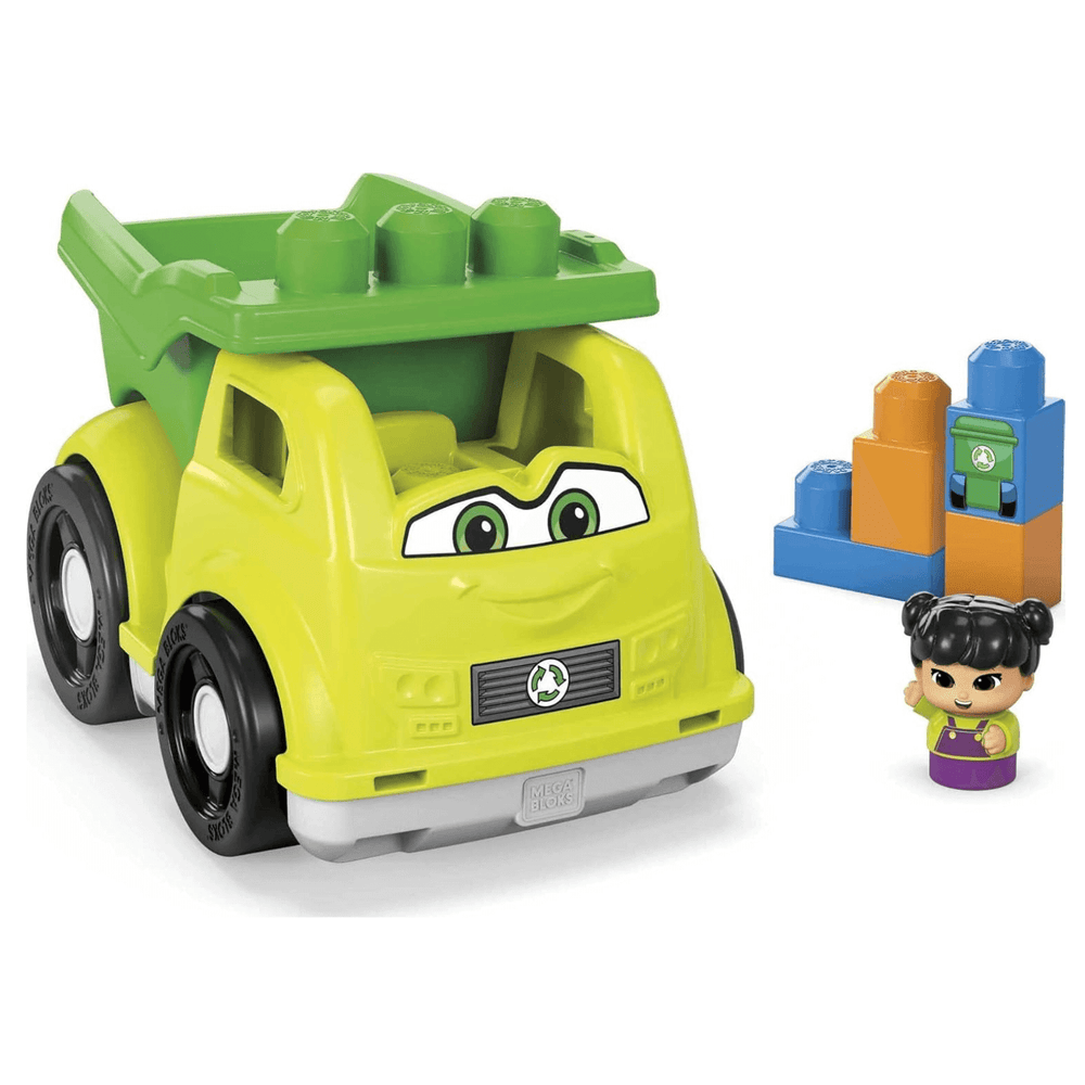 raphy recycling truck mega bloks set with 4 mega bloks bricks, 1 block buddies figure and green recycling truck with green eyes and smile at front