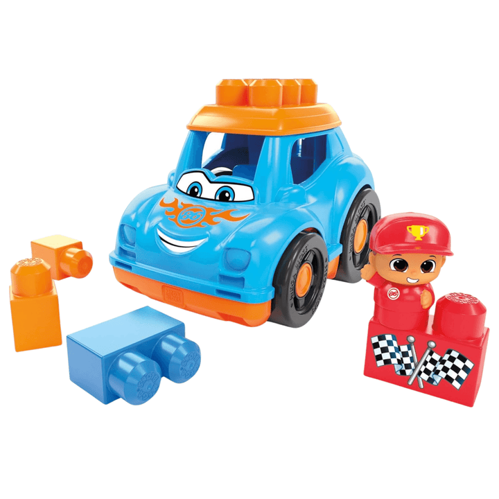 ricky race car set with 4 mega bloks pieces, 1 block buddies figure and blue and orange coloured race car with mega bloks grid at top to add blocks too