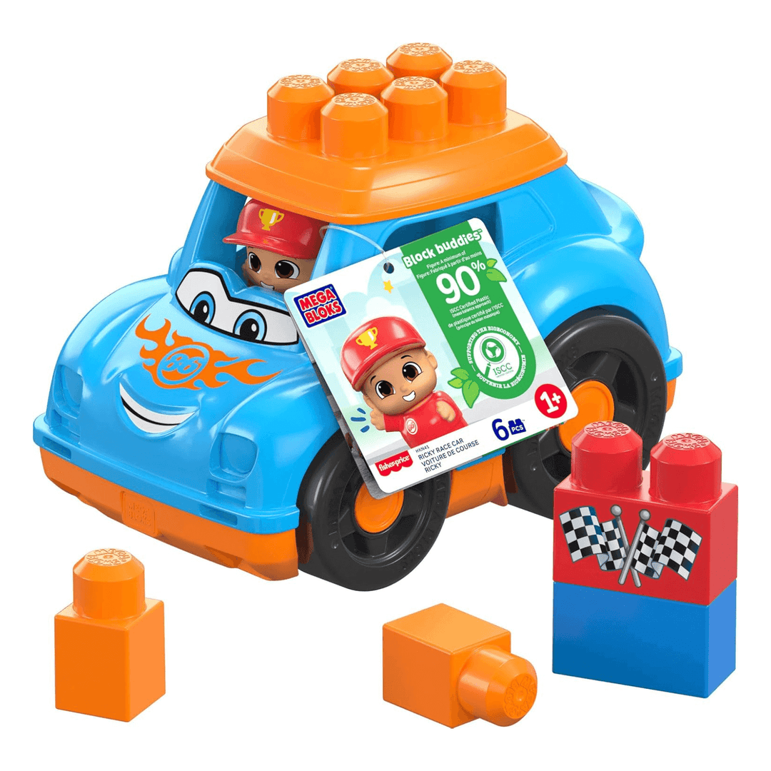 ricky race car mega bloks vehicle set with tag on front showing fisher price logo and detailing 6pcs included age 1+