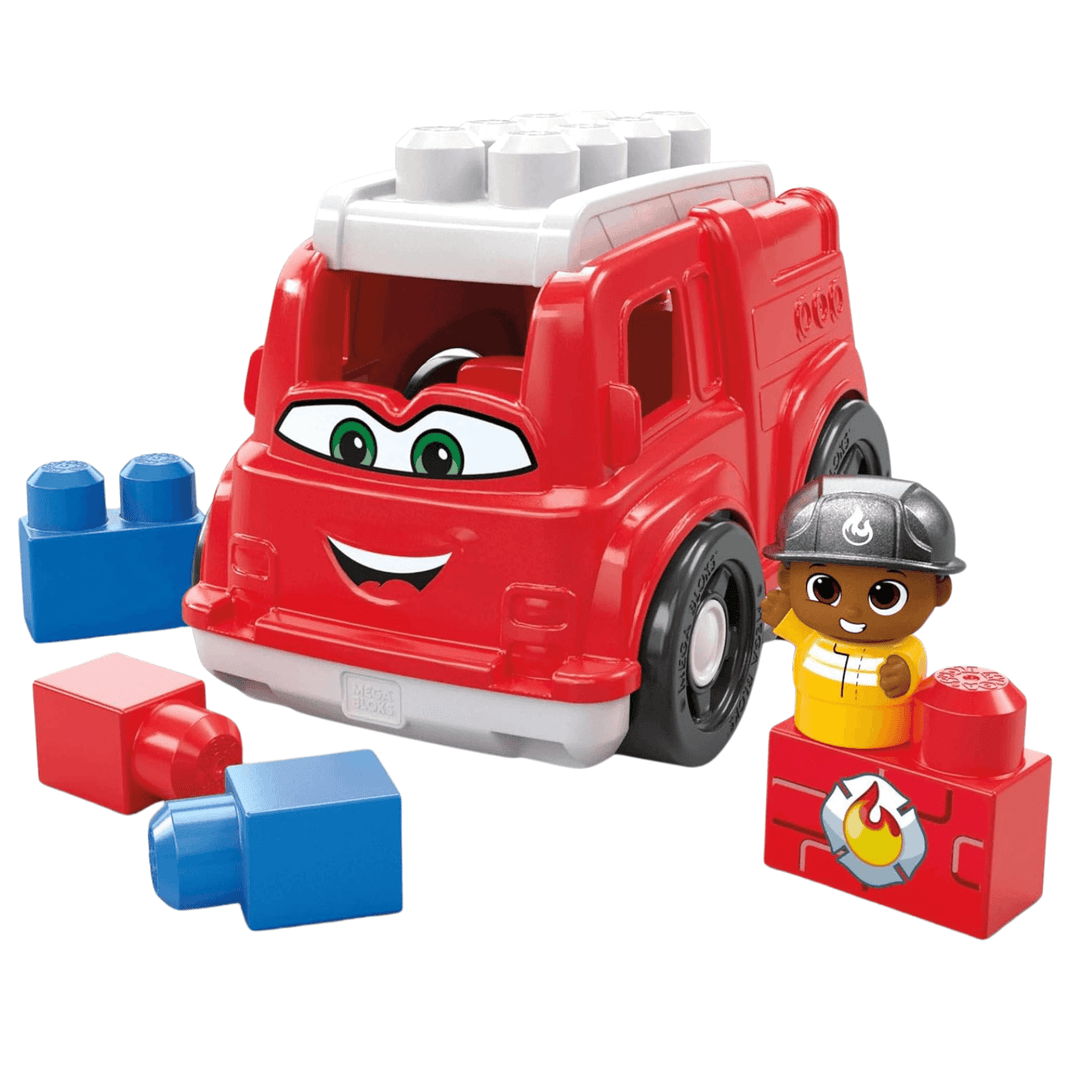freddy fire truck set includes 4 pieces of mega bloks bricks, 1 block buddies firefighter figure and red fire truck with green eyes and smile to the front