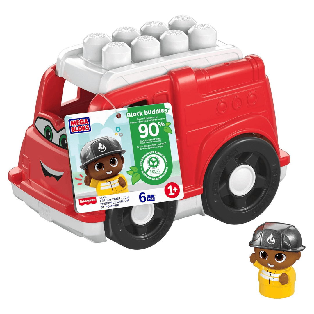 front view of freddy firetruck toy with card packaging detailing 6 pcs included, sutable for ages 1+ and made with ISCC Certified Plastic