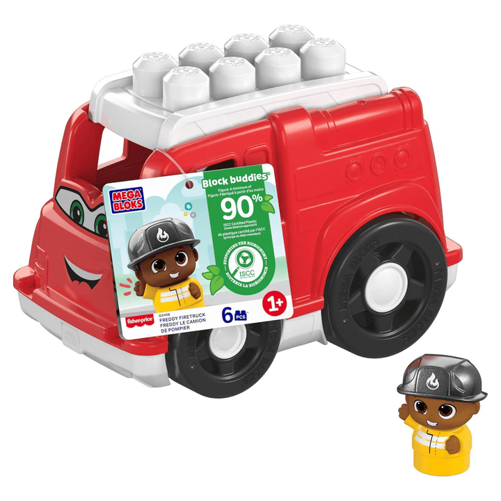 front view of freddy firetruck toy with card packaging detailing 6 pcs included, sutable for ages 1+ and made with ISCC Certified Plastic