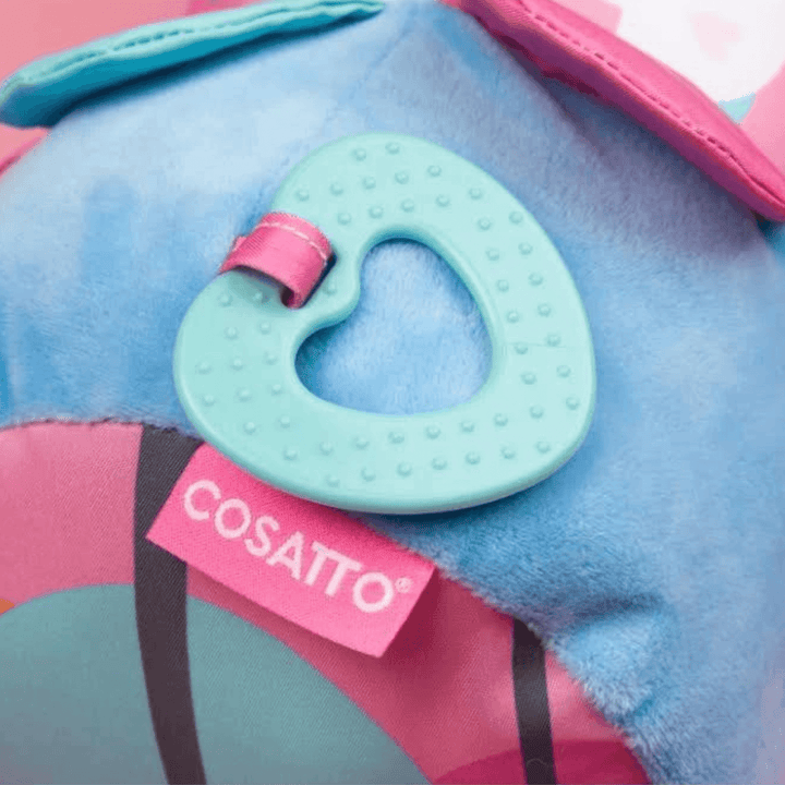 heart shaped rattle with pink cosatto brand label.