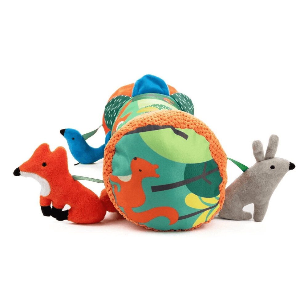 side view of tummy rime roller featuring mr fox, bunny and parrot soft toys, with printed dribble mat material pattern.