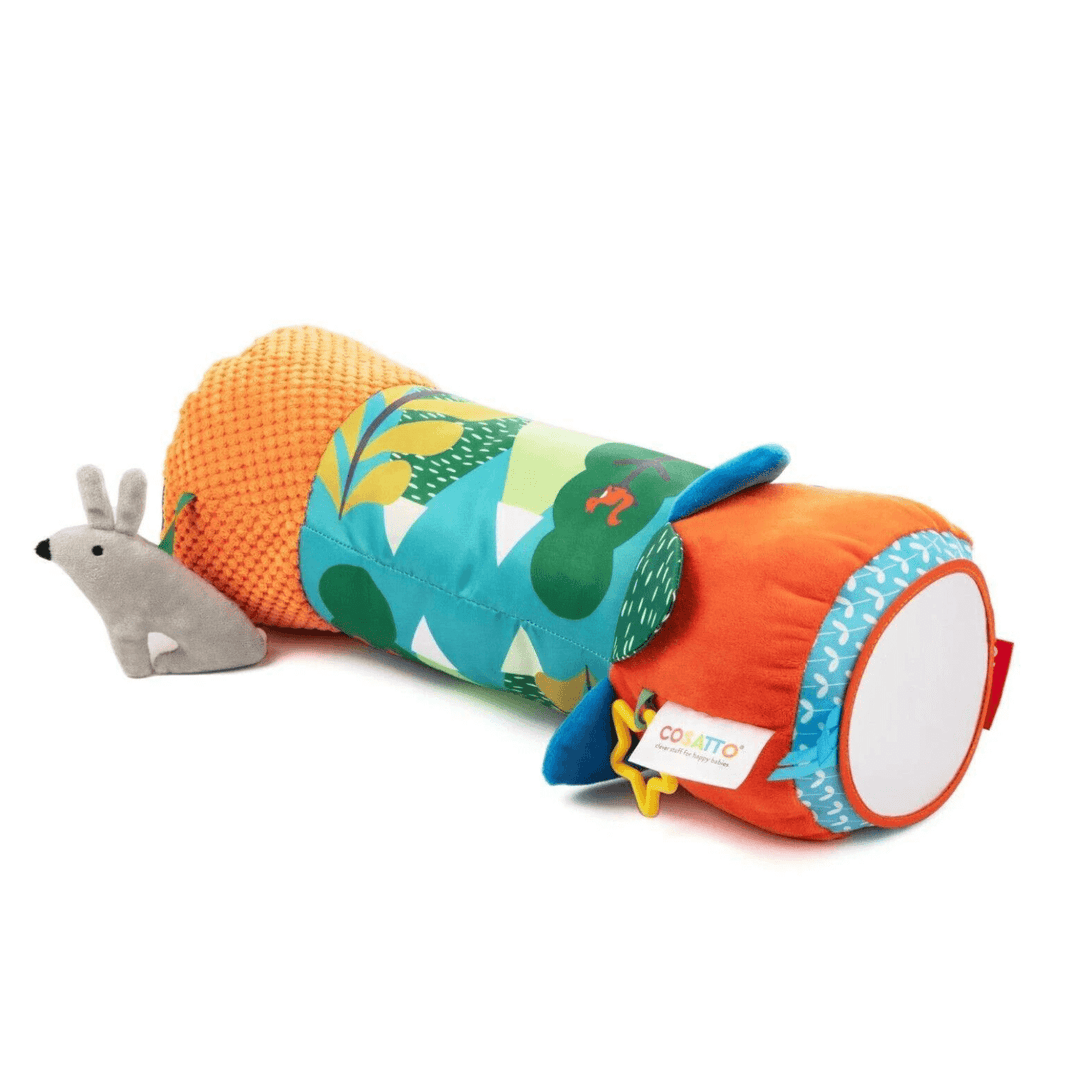 Mr Fox tummy time roller in orange and blue animal themed colours.