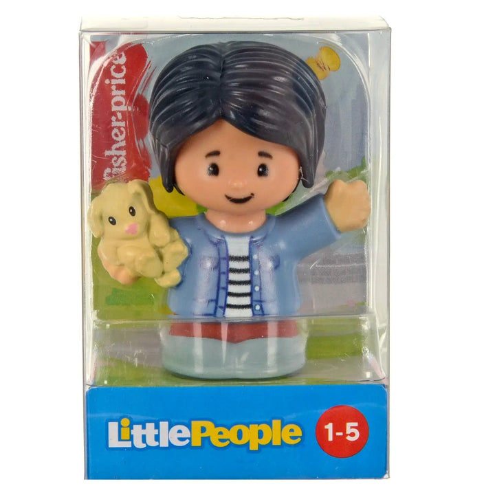 Little People figure mom wearing a blue jacket, and holding a puppy