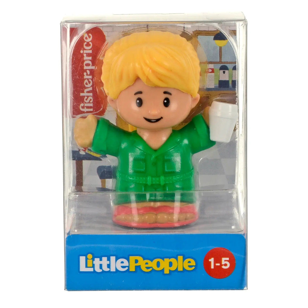 Little People figure with blonde hair, holding a coffee and wearing a green jacket