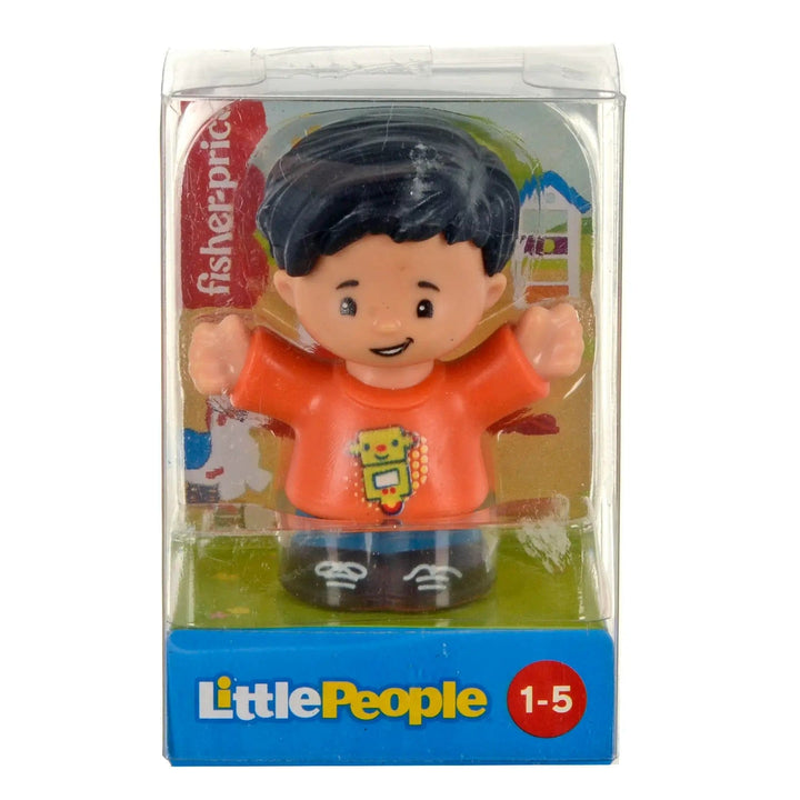 Little People figure with black hair, wearing an orange t-shirt