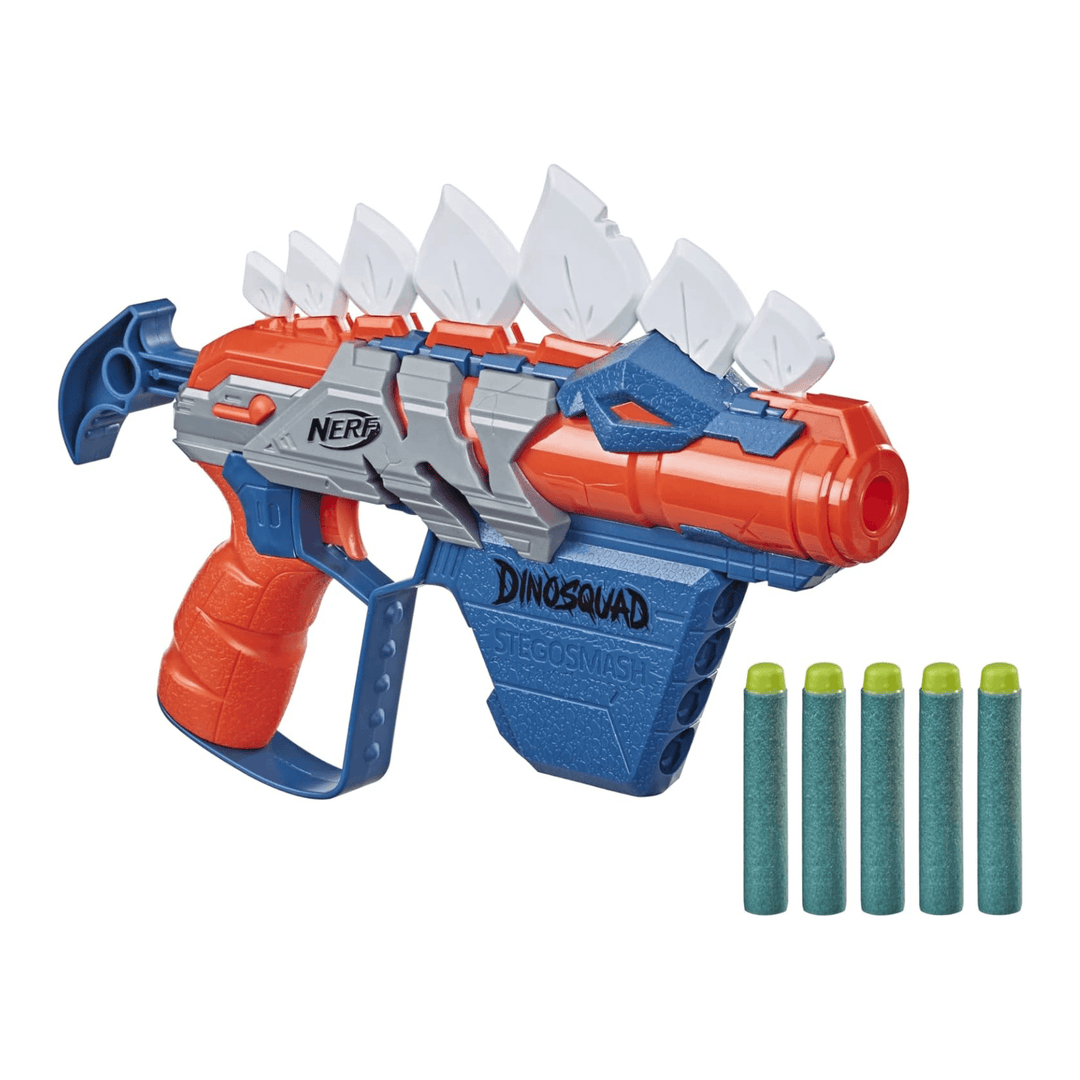 nerf dinosquad blue and orange blaster gun with white flexible stegosaurus spikes to the top