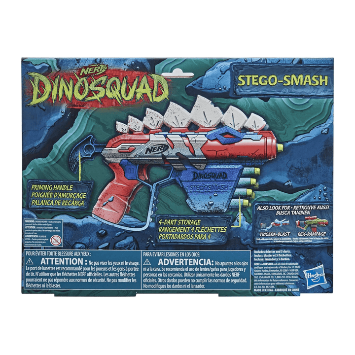 nerf dinosquad packaging reverse side featuring warnings and animated blaster graphic