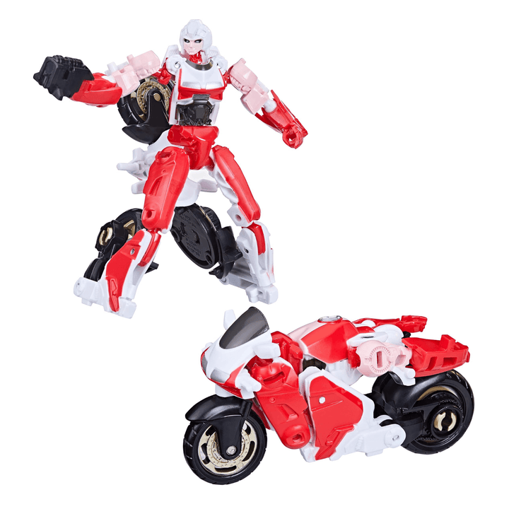 arcee action figure in transformer mode and in motorbike mode with red and black details