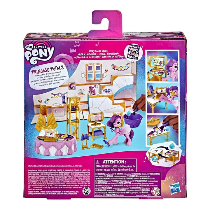 Back of the box of My Little Pony Princess Petals Royal Room Reveal 23 Piece Playset 