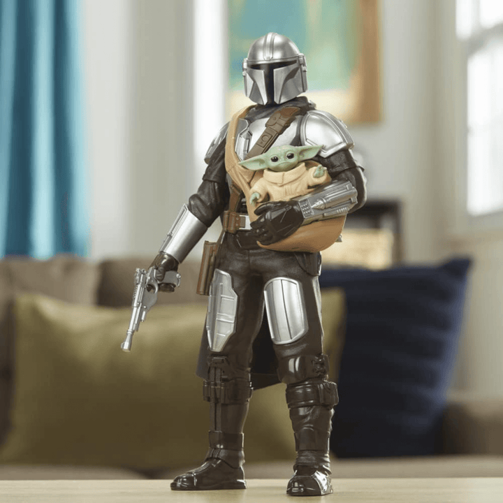 the mandalorian & grogu action figure set on coffee table in living room.