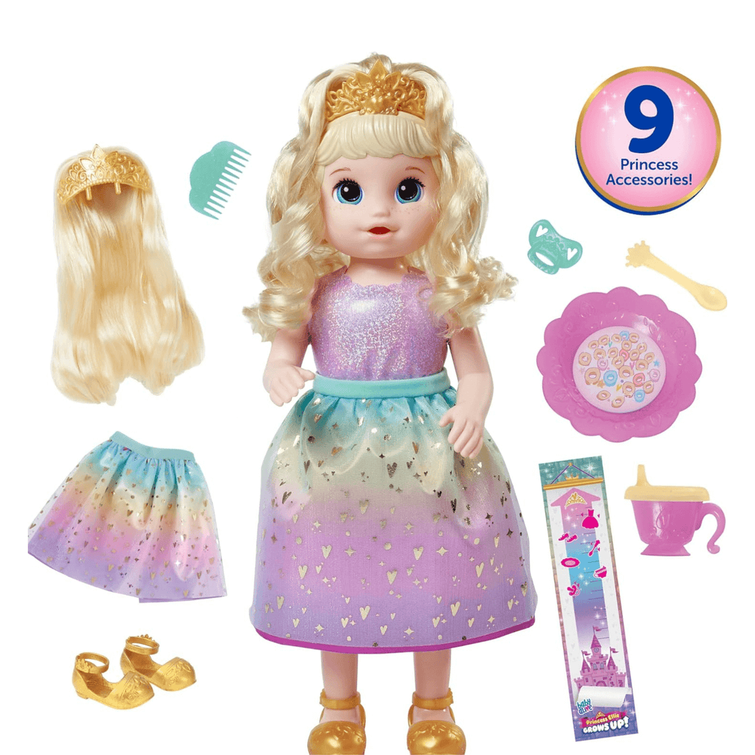 princess ellie comes with 9 princess accessories including shoes, skirt, pacifier, sippy cup and spoon