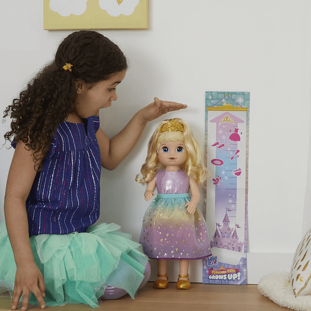 little girls uses growth chart to watch princess ellie grow taller