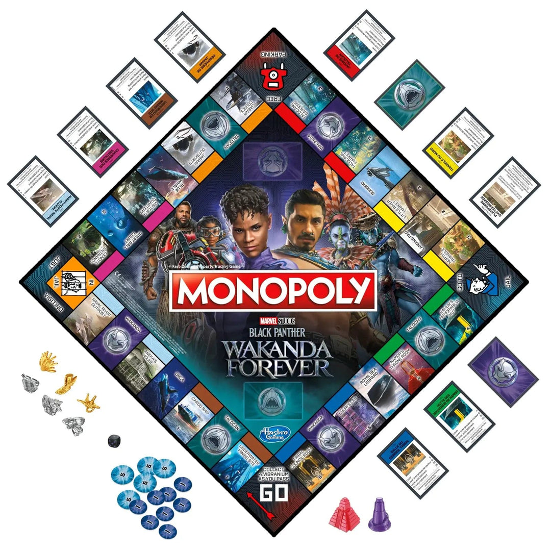 Top view over Monopoly Black Panther Wakanda Forever board, cards and playing pieces