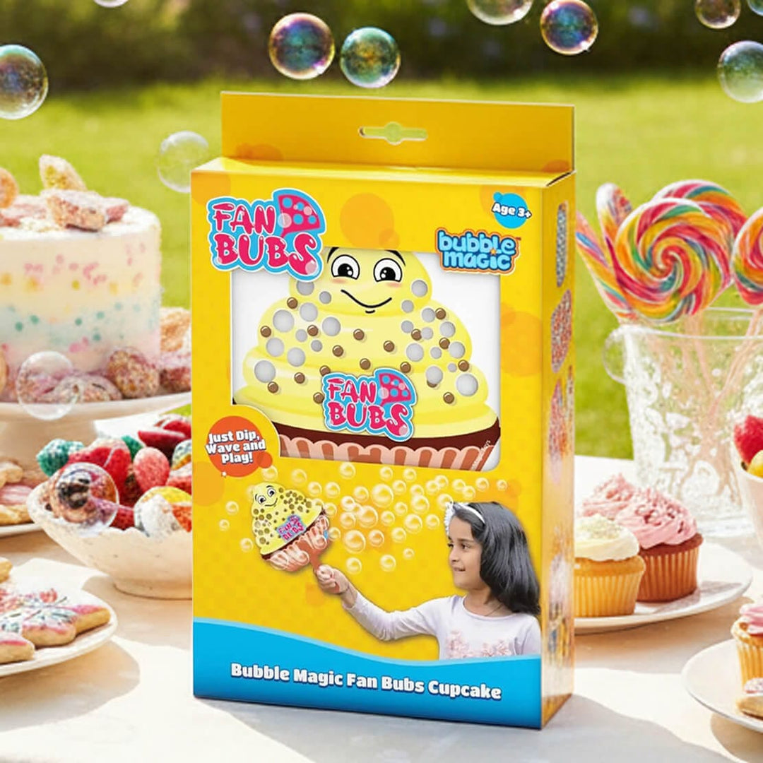 Fan Bubs bubble magic packaging with a child playing with bubbles, surrounded by a festive outdoor setting with food and decorations.