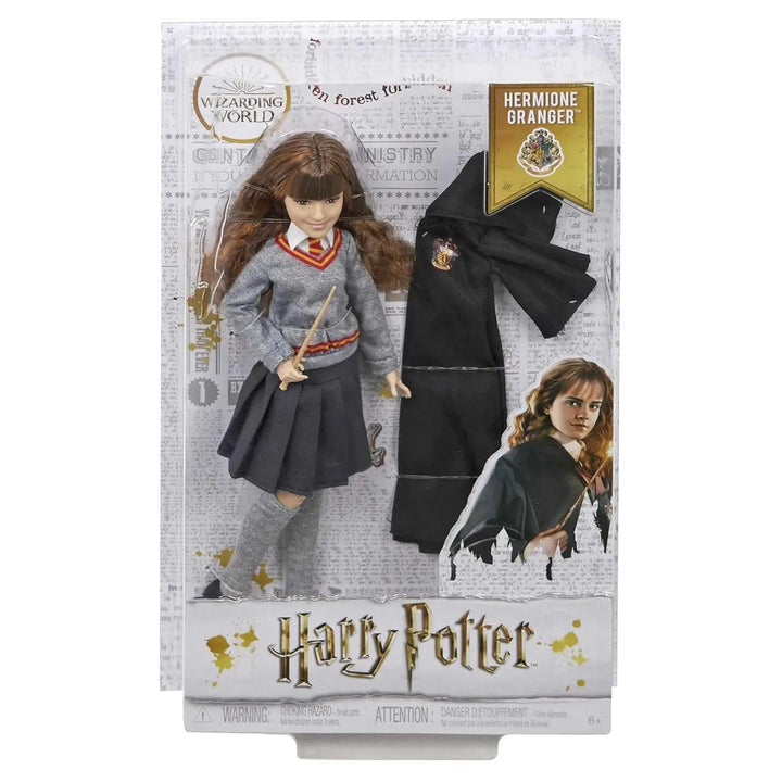 Hermione Granger collectible figure with Hogwarts uniform, house robe and wizard wand in display packaging