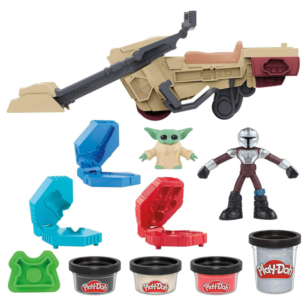 A Play-Doh toy set featuring a tan and black speeder bike, a small Grogu figure, a Mandalorian figure, blue and red mold pieces, green and silver Play-Doh containers