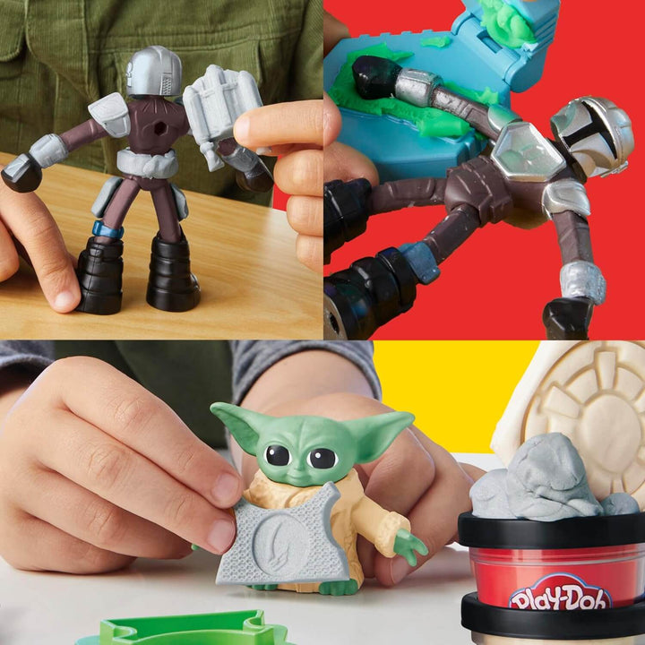 Collage of toy figures and Play-Doh with a child&