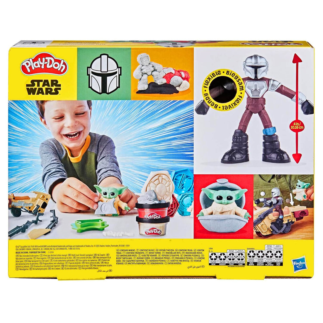Play-Doh Star Wars Grogu toy set in its original retail packaging, featuring a Grogu figure, a mini sculpting bowl, and a container of Play-Doh clay on the back of the box.