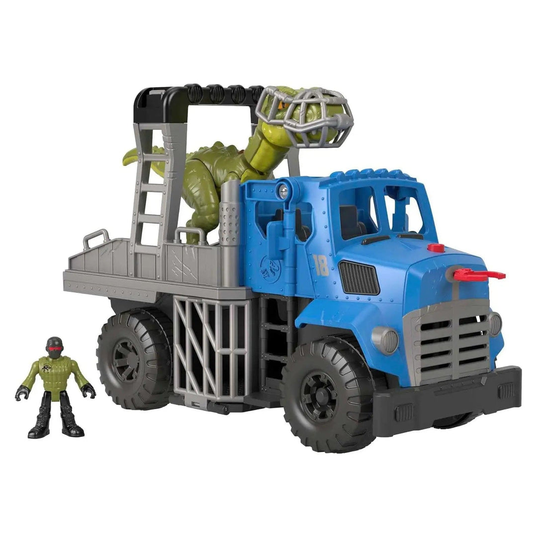 Blue truck with cage and dinosaur with muzzle and driver