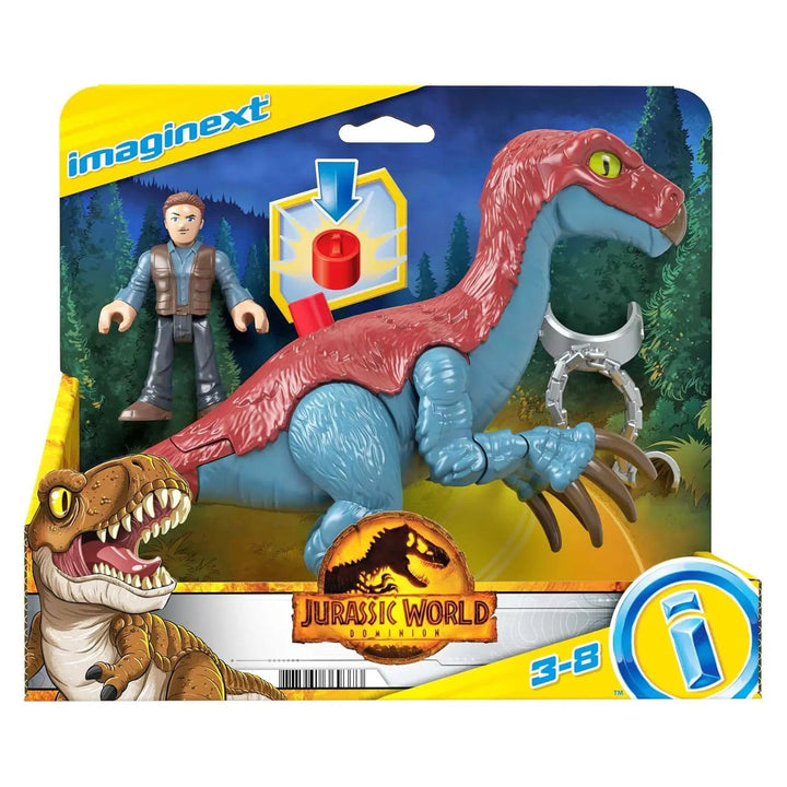 Jurassic World Therizinosaurus dinosaur and Owen action figure set in packaging