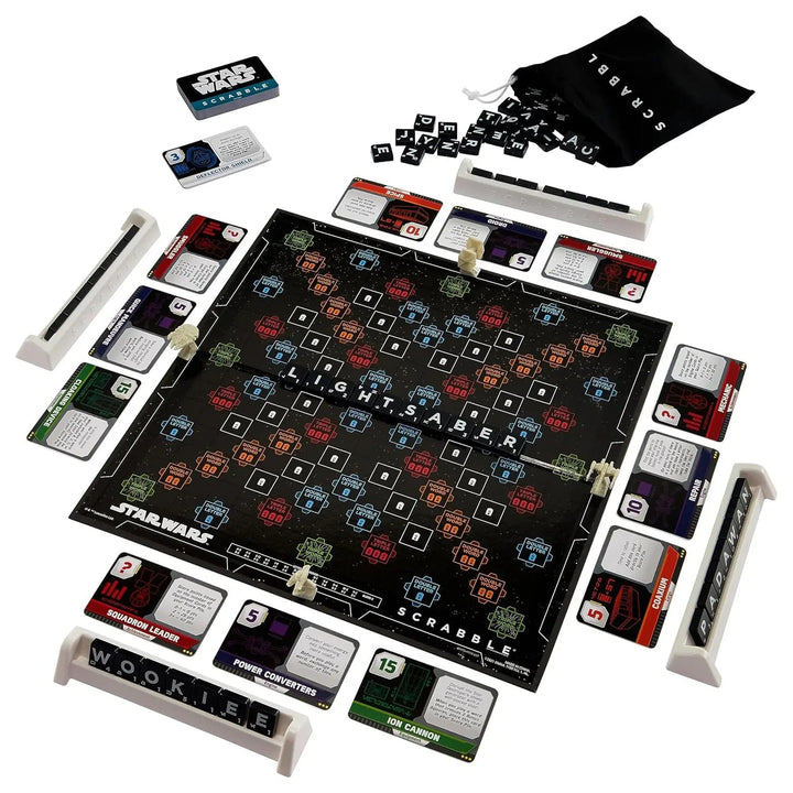 Galaxy mode Star Wars Scrabble game in progress with cards and token pieces in play