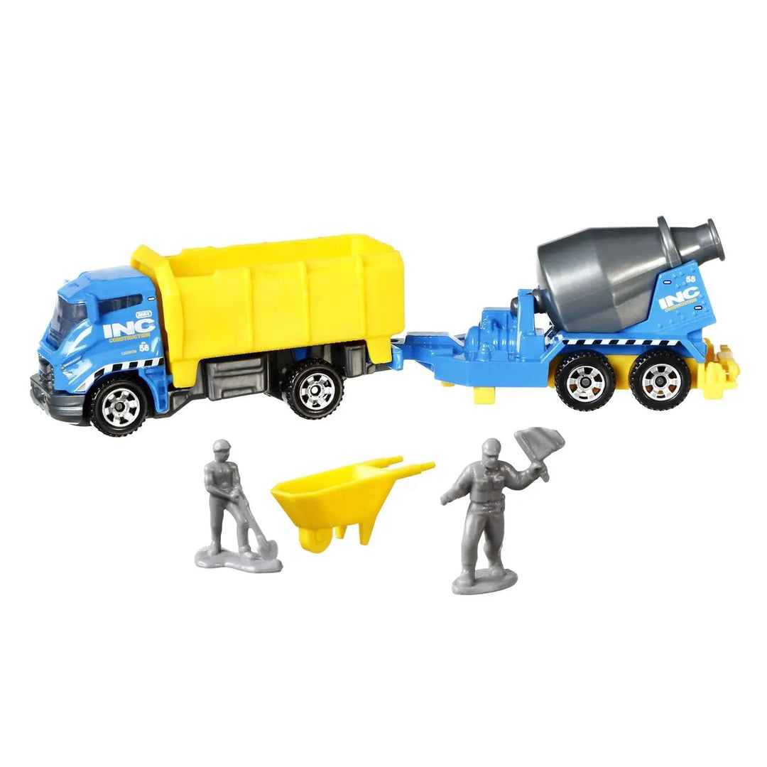 Construction truck towing a cement mixer, 2 figures and a wheelbarrow vehicle play set