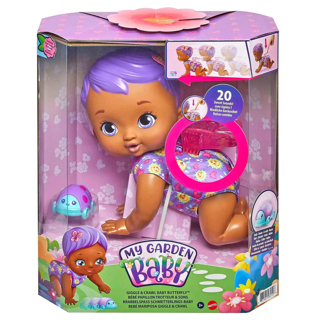 My Garden baby purple giggle and crawl butterfly doll in packaging with ladybird