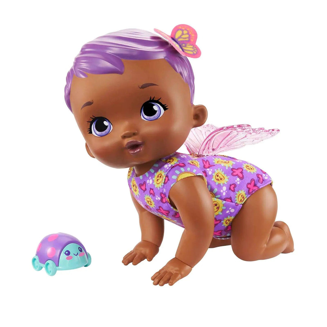 Purple baby doll with butterfly wings and ladybird with wheels