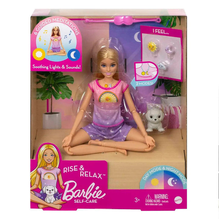 Display packaging for Barbie Rise and relax doll with soothing lights and sounds