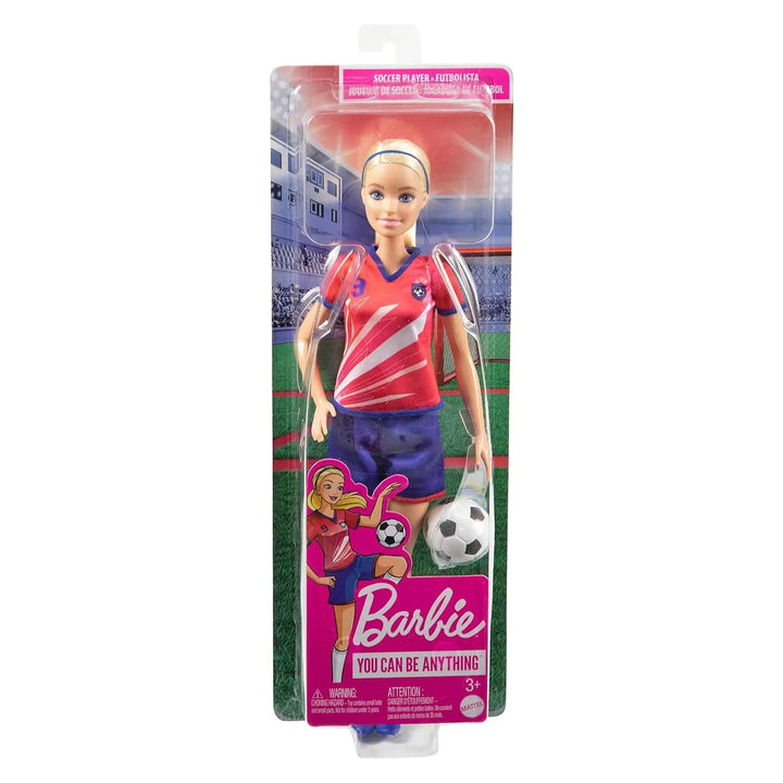 Barbie Soccer Player career doll with red and blue strip and football