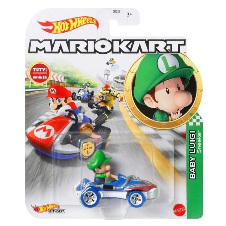 Hot Wheels Mario Kart Baby Luigi in a die-cast Sneeker car