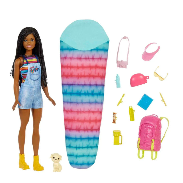 Barbie camping doll with puppy, sleeping bag, rucksack, torch, notebook, pen camera and lots more accessories