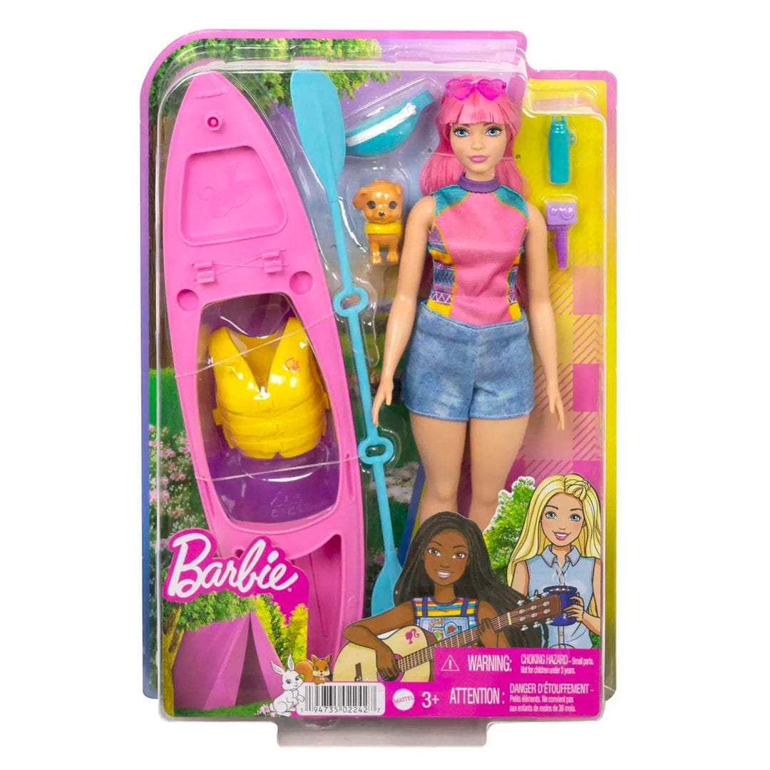 Camping Barbie in th ebox with large kayak, paddle, pet puppy, life vest and accessories