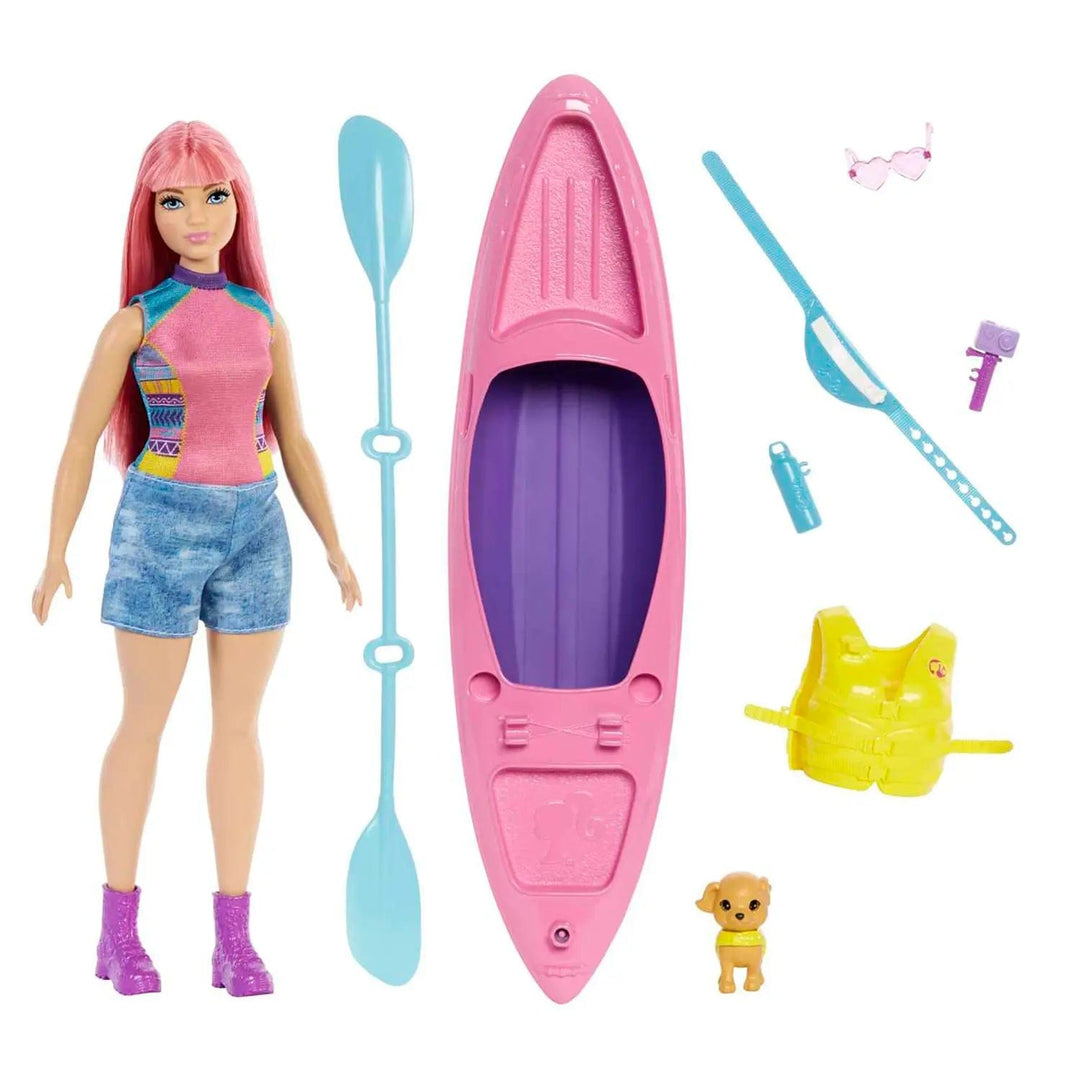 Camping Barbie doll with blue paddle, pink kayak, pet puppy, life vest, camera, bottle, belt and sunglasses