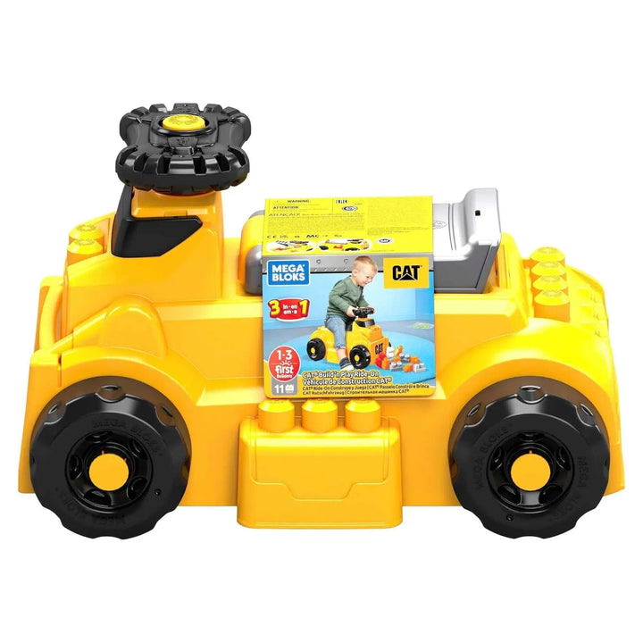 big yellow Build and Play CAT ride on vehicle from Mega Bloks with 11 pieces