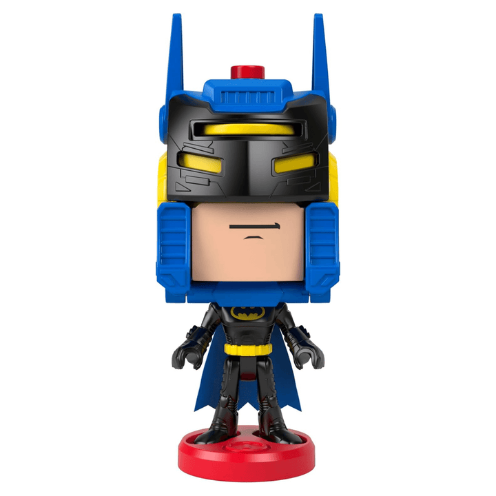 blue and yellow batman figure on red display stand