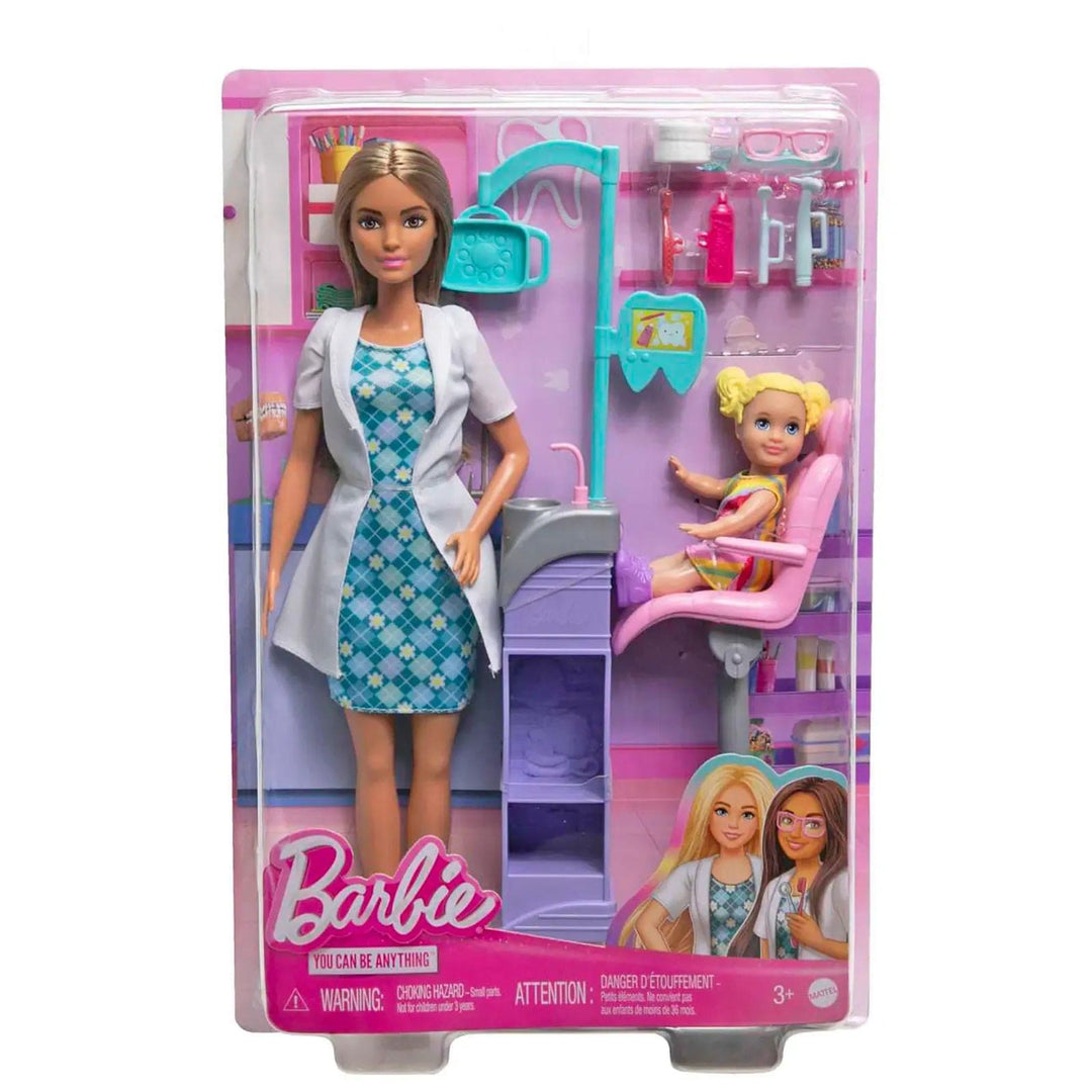 Barbie dentist career doll in packaging with toddler doll, dentist chair, dental station and accessories